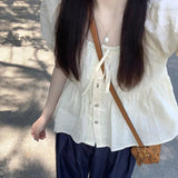 Lace Shirts and Blouses Korea To-neck Ashion Woman Blouse 2024 Petal Short Sleeve Ruffles Ladies Top Female Solid Clothes New