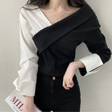 Vintage Women Patchwork T Shirt Korean Casual All Match Long Sleeve Tops Y2K Elegant Female Chic Loose Tees Spring New