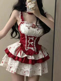 DERMEARNE Summer Sweet Lolita Mini Skirt Suit Women Japanese Kawaii Lace New 2 Piece Set Female Floral Print Strap Tops+ Cake Skirt