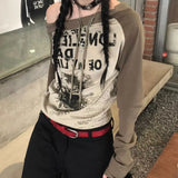 Dermearne Japanese Y2k Style T Shirts Women Off Shoulder Grunge 90s Cotton Graphic Tops Vintage Harajuku Aesthetic Long Sleeve Tees