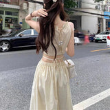 Summer Solid Color Casual Halter Cut-out Sleeveless Tassel Hem Holiday Beach Party Women Long Dress Black/White