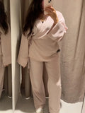 DERMEARNE Women's Solid Pajama Style Sets Casual Lace Up Long Sleeve V-neck Loose Shirt Tops Female Elegant Elastic High Waist Pants