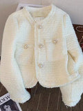 Women Korean White Tweed Jackets Fashion O Neck Elegant Buttons Coat Casual Loose Long Sleeve Female High Quality Outwear