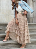 Dermearne Solid Multilayer Ruffle Mesh Skirt Women Boho High Waist Long Maxi Tulle Skirt Spring Summer Party Women's Clothing