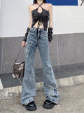 Y2K Pure Desire American Retro Niche Design Butterfly Embroidered Jeans Female New High Waist Slim Micro Flared Pants