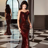 Wedding Toast Dress Wine Red Three-Dimensional Flower Slim-Fit Banquet Tube Top Sequined Fishtail