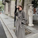 Woolen Coat Slim Belt Fashion Office Lady Elegant  2024 Autumn Winter New   Outerwear Chic Overcoat Korean V17