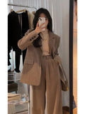 Woman's Autumn/winter British Style Short Blazer Coat Wide-leg Pant Set Retro Casual Solid Color Loose Suit Pants Two-piece