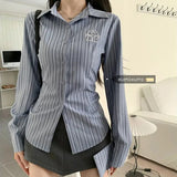 Dermearne Y2K Women Striped Shirts Korean Fashion Embroidery Female Long Sleeve Tops Spring Casual All Match Student Shirt New