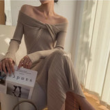Off Shoulder Knitted Dress For Women'S Autumn And Winter High-End Design, Unique Slim Fitting Temperament Dress