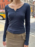 Women Vintage Striped T-shirts 2024 Summer Ladies Casual Slim Long Sleeve Round Neck Cotton Tees Female Classic  Button Tops