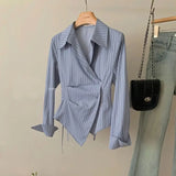 Dermearne Designed Fall Women Shirts Elegant Striped Irregular Blue OL Tops Fashion Korean Tunic Female Long Sleeve Shirt New