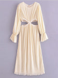 Women Sexy Cut Out Pleated Dress Vintage Long Sleeve O Neck Female Casual Chiffon Dress Midi Vestido