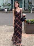 DERMEARNE Vintage Brown Plaid V Neck Sleeveless A-line Long Dresses Women Backless Holiday Lace-up Sundress Popular Summer Streetwear Chic
