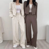 DERMEARNE Women Cropped Blazers Pants Two-piece Set Korean Fashion Button Up Suit Jacket Wide Leg Pants Set Casual Lady Blazer Coat Set