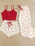 Dermearne Women Summer Sexy Pajamas Sets Female Cute 3Pcs Home Clothing Female Solid Color Strap Heart Print Long & Short Pants Nightwears
