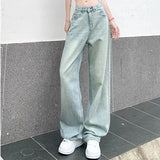 Distress Washed High Waist Loose Straight Leg Jeans Fashion Women Light Blue Student Straight Leg Trousers Large Size XS-2XL