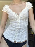 Women Summer Blouse Short Sleeve Square Neck Button Down Tops Retro Kawaii Fairycore Y2K Shirts Female