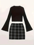 Casual Colorblock Two-piece Skirt Set Ribbed Crew Neck Long Sleeve Top & Plaid Skirts Women's Clothing