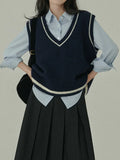 2024 Autumn New Knitted Women's Vest Fashion LOOSE V-Neck Grey Vests for Women Korean Preppy Style Vintage Sleeveless Pullover