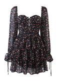 Fashion Women Vintage Floral Print Chiffon Dress Sexy Semi-Sheer Long Sleeve Layered Ruffle Ladies Short Dress