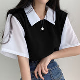 Yasuk Spring Summer Casual Polo T-Shirt Female Pullover Women's Loose Tees Top Fake Two Piece Suit Student Preppy Style