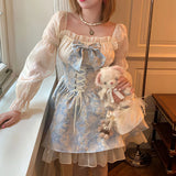 Lolita Princess Dress Women Party Y2k Bandage Blue Cosplay Costumes Japanese Puff Sleeve Ribbon Square Neck Bowknot Mini Dress