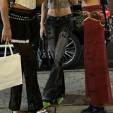 Streetwear y2k Flare Jeans Distressed 2000s Floral Print Low Rise Slim Denim Pants Korean Women Trousers Retro Mom Jeans