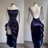 Dermearne Sexy Satin Bodycon Long Dress Women Vintage Backless Strapless Ruffles Fork Party Club Elegant Evening Dresses Female Vestidos