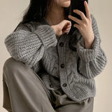 Korean Chic V-neck Puff Sleeve Twist Loose Knitted Cardigan Sweater  Tops  Y2k  Cropped Cardigan  Pink  Oversized Sweater