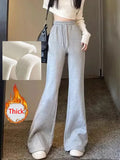 Zoki Korean Winter Thick Flare Pants Women Casual High Waist M-3Xl Grey Trousers Lace Up New Pockets Loose Streetwear Sweatpants
