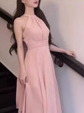 Elegant Dress for Women Fashion Party Vintage Dresses Solid Slim Folds Sleeveless Neck Mounted Midi 2024 New Spring Summer Dress
