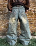 Streetwear Retro Trendy Loose Embroidered Jeans Men's American Hip-Hop Harajuku Jeans 2024 New Y2K Casual Wide Leg Pants Unisex