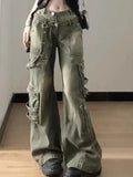 Dermearne 1 Loose Retro Washed Cargo Jeans Streetwear Women Zipper Baggy Pants Hiphop Straight Pants Multi-pocket Wide Leg Jeans Women