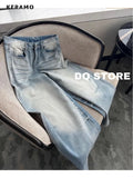 American Retro High Waist Oversized Jeans Women's Casual Baggy Pocket Y2K Pants Wide Leg Grunge Light Blue Denim Trouser