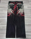 DERMEARNE Y2K new jeans Harajuku retro Gothic wing letter pattern baggy jeans black pants punk hip hop Gothic wide-leg pants street wear