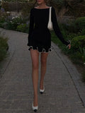 Dermearne Fashion Contrasting Ruffle Hem Knit Mini Dress Women Elegant O-neck Long Sleeve Bodycon Dresses 2024 Lady Street Short Robes
