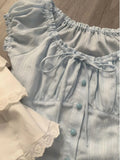 French Sweet Blouses for Women O Neck Lace Up Ruffles Crop Tops Solid Color Design Female Slim Shirts Summer All Match Clothing