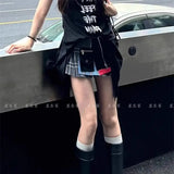 Vintage Punk Y2k Spicy Girl Pleated Skirt Women's Pu Leather Patchwork Plaid Wrap Hip Mini Skirts Summer New Streetwear K531