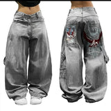 Y2K new retro fashion big pocket Eagle print baggy jeans women's Harajuku hip hop Gothic casual high-waisted jeans street wear
