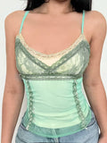 Green Lace Patchwork Two Layers Mesh Y2K Camisole Sleeveless Slim Sexy Cute Crop Top Women Summer Vacation Tanks Camis