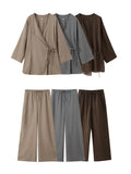 DERMEARNE Casual Solid Lace Up Women Trouser Suits V-neck Loose Shirt High Waist Pants Spring Summer New Fashion Female 2 Pieces Sets