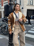 Printed Turn-down Collar Lambswool Coats Women Retro Long Sleeve Brown Button Thick Jacket Coat Female Autumn Elegant Outwear