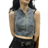 Vintage Cropped Denim Vest Women Streetwear Grunge Y2k Jean Sleeveless Jacket Cyber Style Summer Short Tops Aesthetic