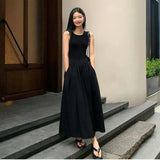 Dermearne New Summer Simple Elegant Black Long Dresses For Women Round Neck Sleeveless High Waist Temperament Female Fashion Style Dress