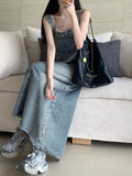 DERMEARNE SML Women Loose Ladies Vintage Long Denim Dress Female Preppy Style Spaghetti Strap Jeans Denim Dresses Female (L60050