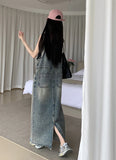 DERMEARNE SML Women Loose Ladies Vintage Long Denim Dress Female Preppy Style Spaghetti Strap Jeans Denim Dresses Female (L60050
