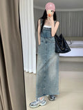 DERMEARNE SML Women Loose Ladies Vintage Long Denim Dress Female Preppy Style Spaghetti Strap Jeans Denim Dresses Female (L60050