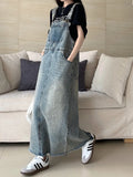 DERMEARNE SML Women Loose Ladies Vintage Long Denim Dress Female Preppy Style Spaghetti Strap Jeans Denim Dresses Female (L60050