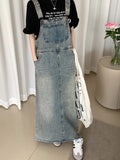 DERMEARNE SML Women Loose Ladies Vintage Long Denim Dress Female Preppy Style Spaghetti Strap Jeans Denim Dresses Female (L60050